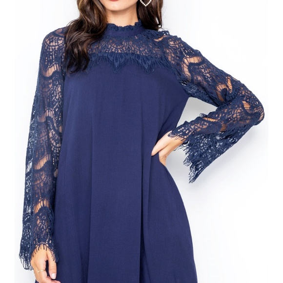 Navy Blue Crochet Lace Mock Neck Swing Shift Dress - Picture 2 of 8